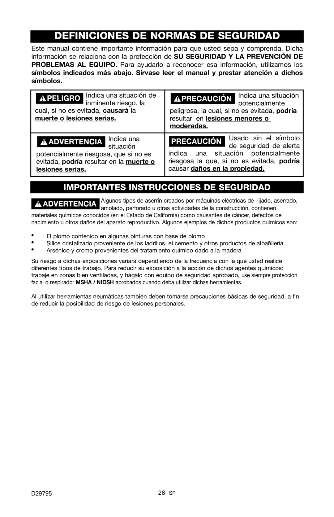 Porter-Cable C2555 instruction manual Definiciones DE Normas DE Seguridad, Muerte o lesiones serias, Moderadas 