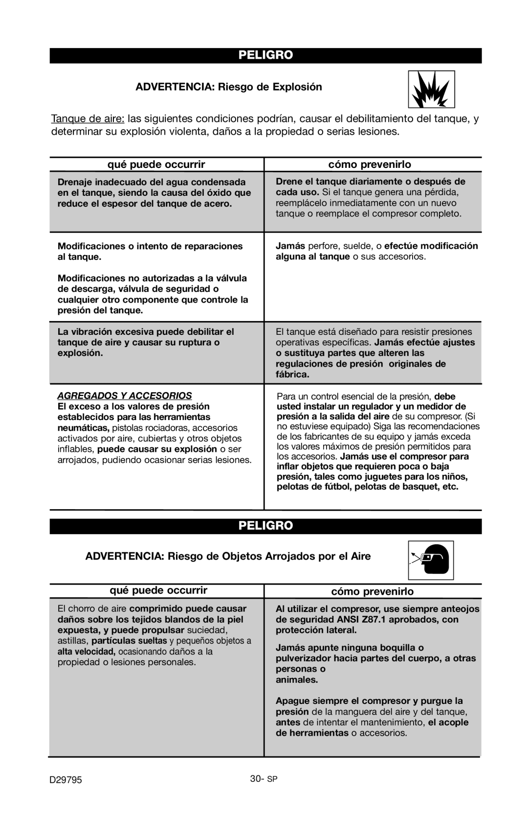 Porter-Cable C2555 instruction manual Advertencia Riesgo de Explosión, Qué puede occurrir Cómo prevenirlo 