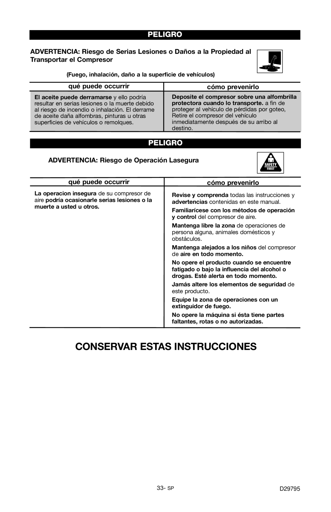 Porter-Cable C2555 instruction manual Advertencia Riesgo de Operación Lasegura Qué puede occurrir 