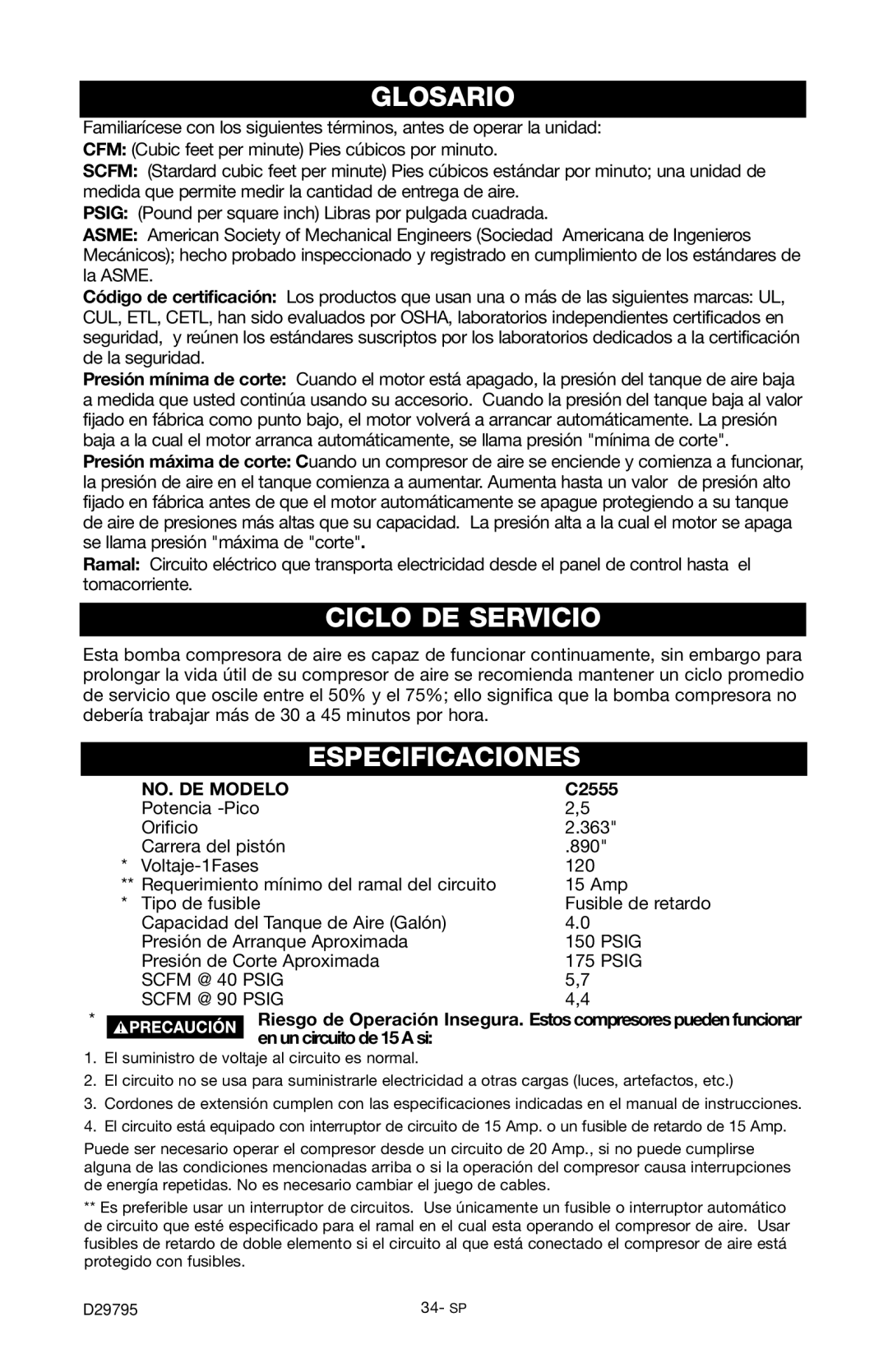 Porter-Cable C2555 instruction manual Glosario, Ciclo DE Servicio, Especificaciones, En un circuito de 15 a si 