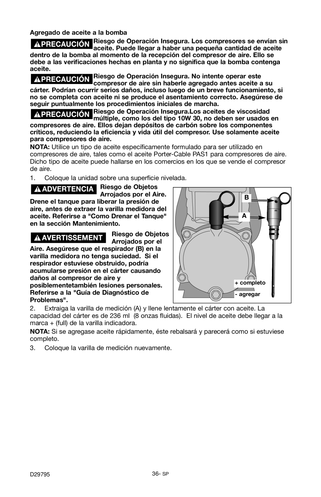 Porter-Cable C2555 instruction manual Agregado de aceite a la bomba 