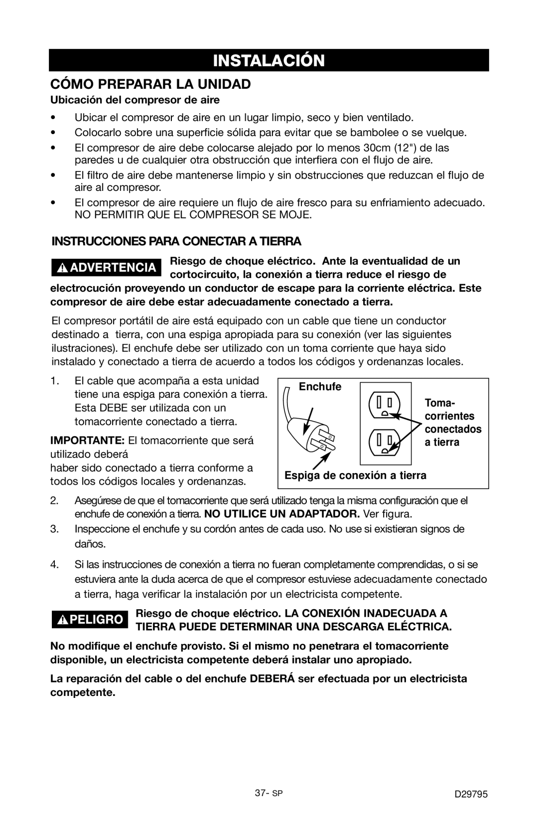 Porter-Cable C2555 Instalación, Ubicación del compresor de aire, Enchufe Toma, Espiga de conexión a tierra 