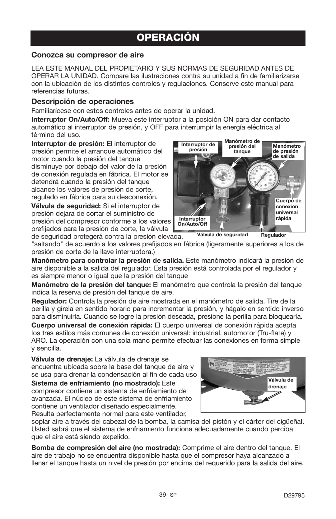 Porter-Cable C2555 instruction manual Operación, Conozca su compresor de aire, Descripción de operaciones 