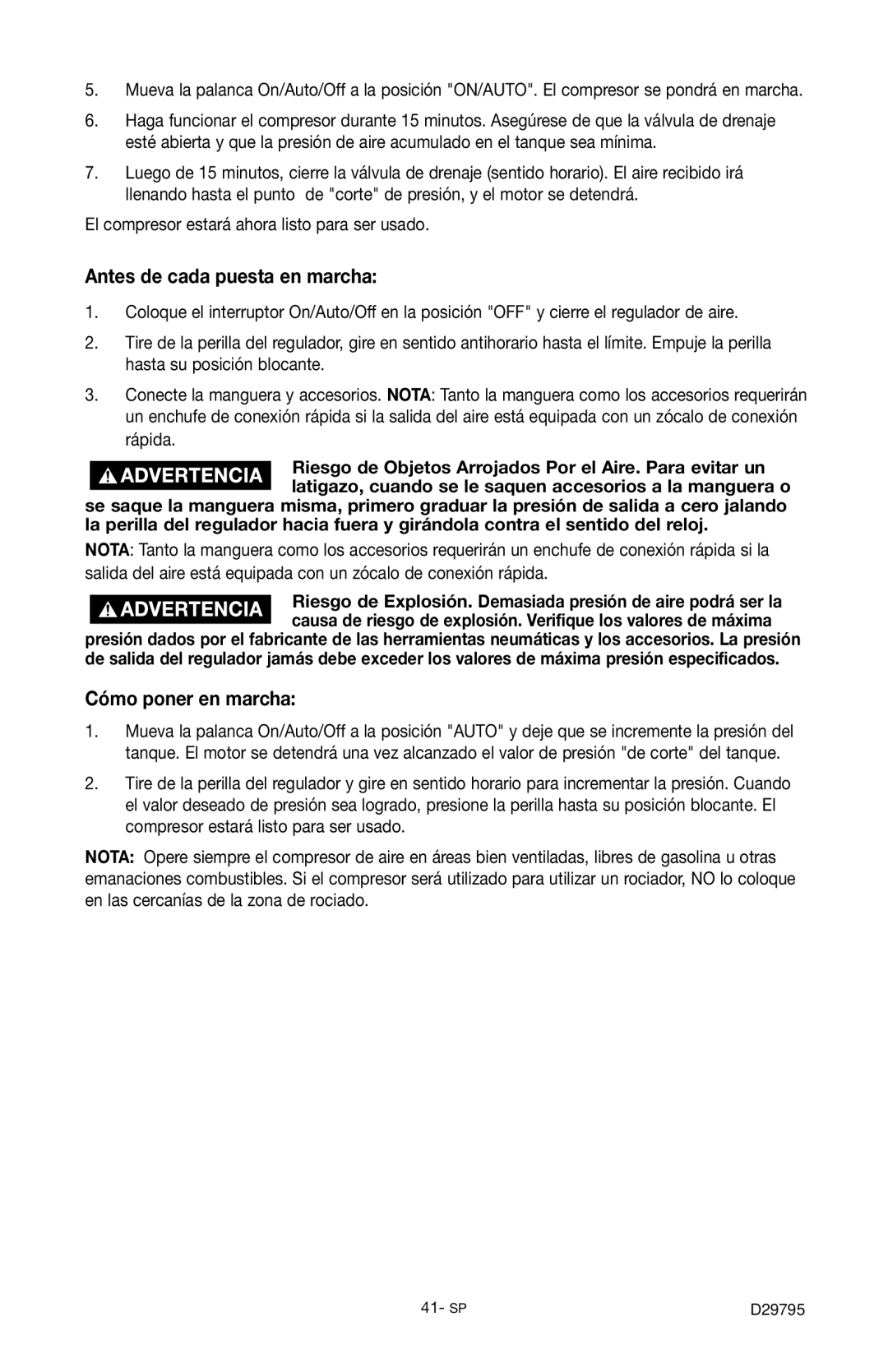 Porter-Cable C2555 instruction manual Antes de cada puesta en marcha, Cómo poner en marcha 