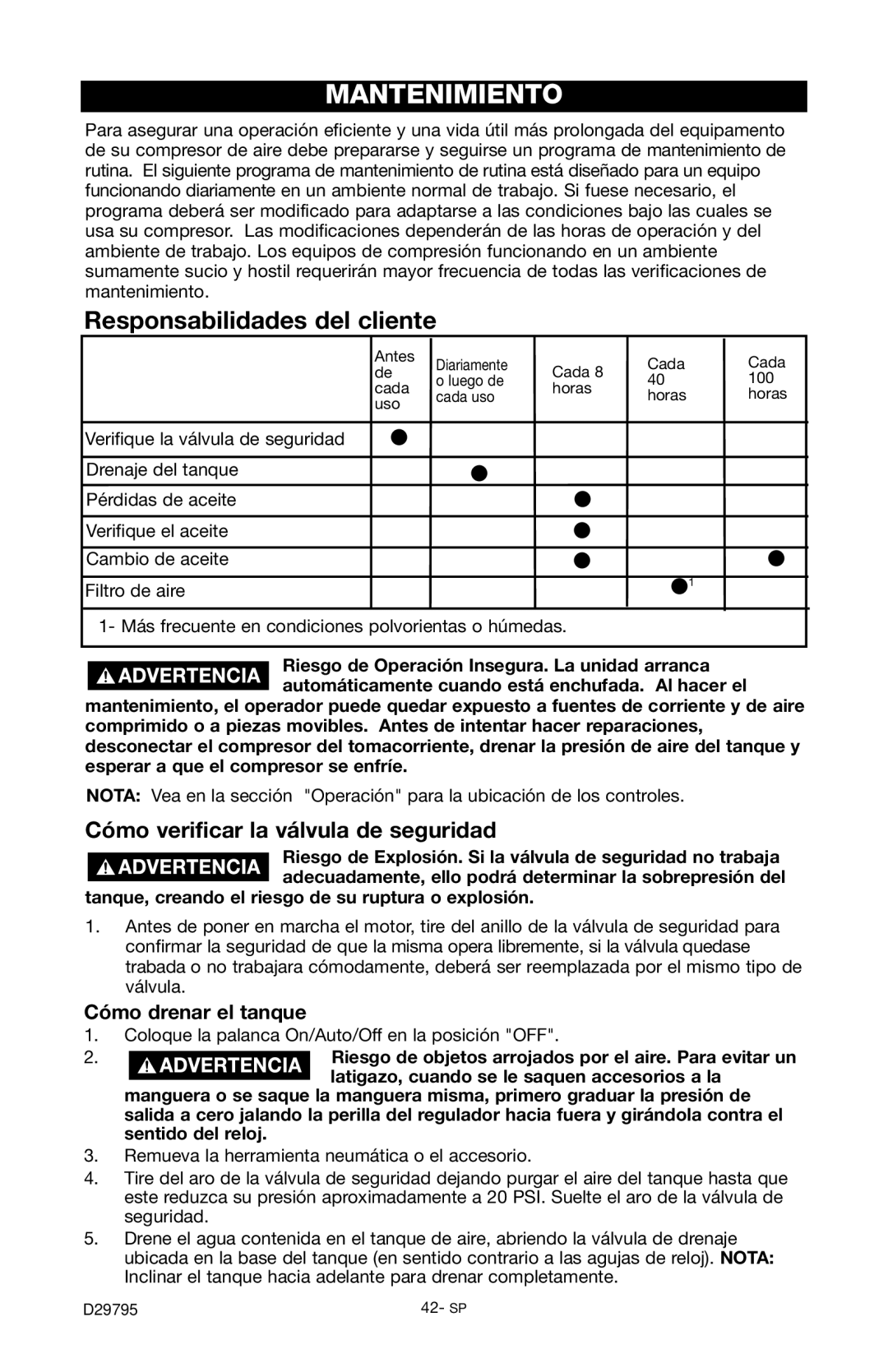 Porter-Cable C2555 instruction manual Mantenimiento, Cómo verificar la válvula de seguridad, Cómo drenar el tanque 