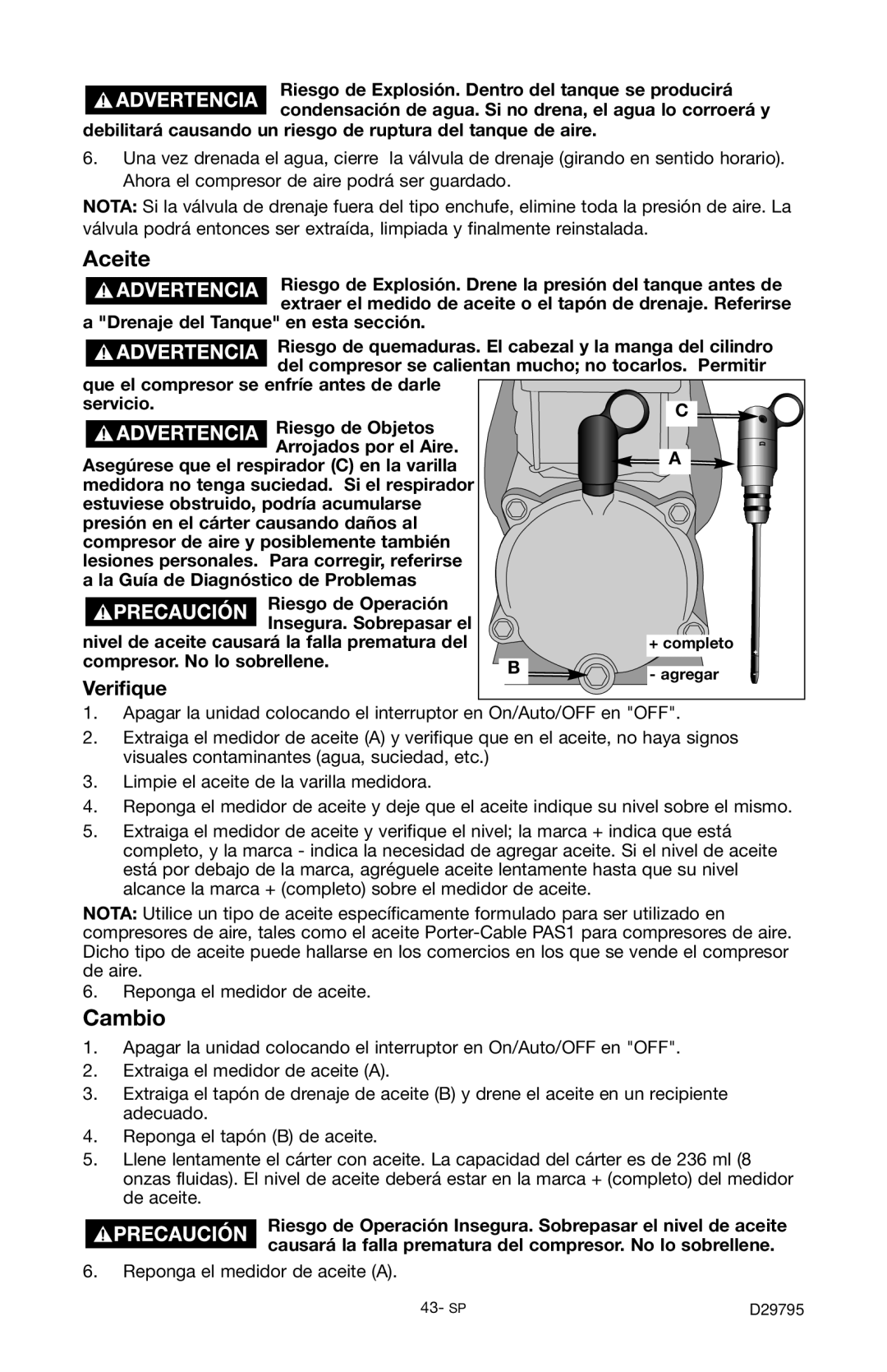 Porter-Cable C2555 instruction manual Aceite, Cambio, Verifique 