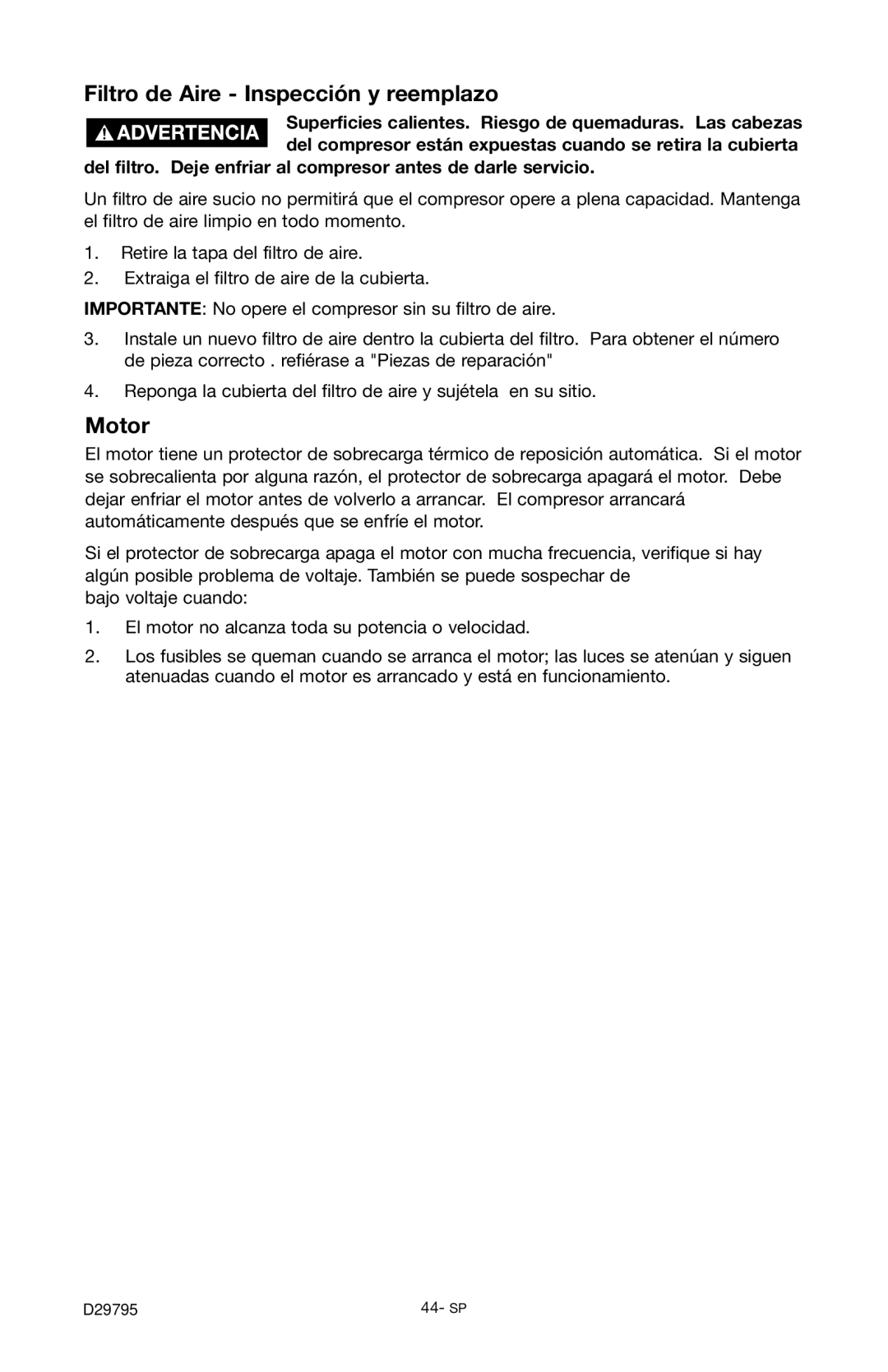 Porter-Cable C2555 instruction manual Filtro de Aire Inspección y reemplazo, Motor 