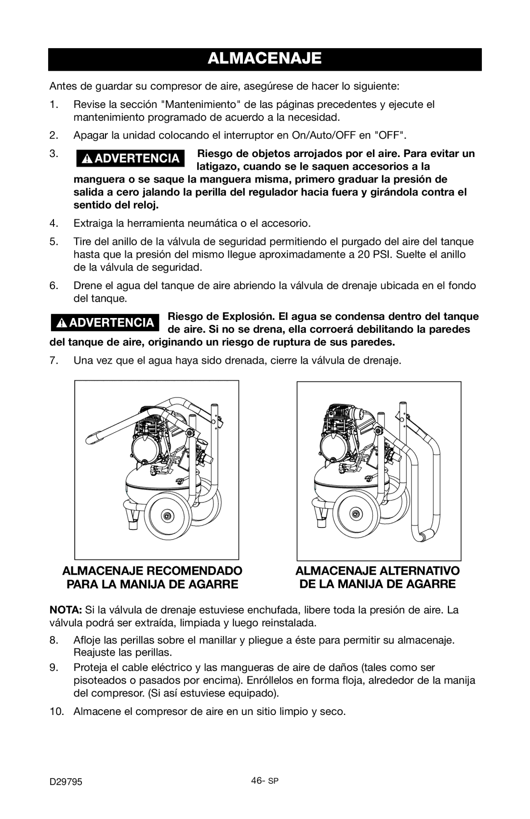 Porter-Cable C2555 instruction manual Almacenaje, Latigazo, cuando se le saquen accesorios a la 