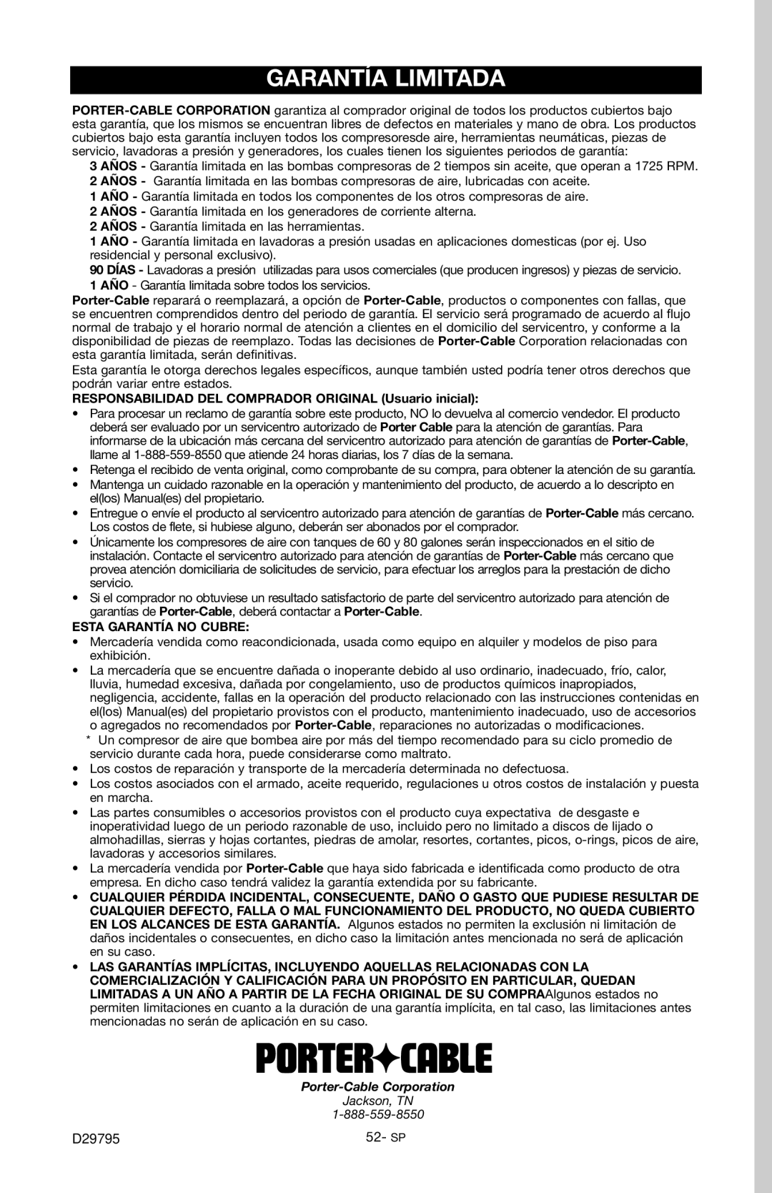 Porter-Cable C2555 instruction manual Garantía Limitada, Responsabilidad DEL Comprador Original Usuario inicial 