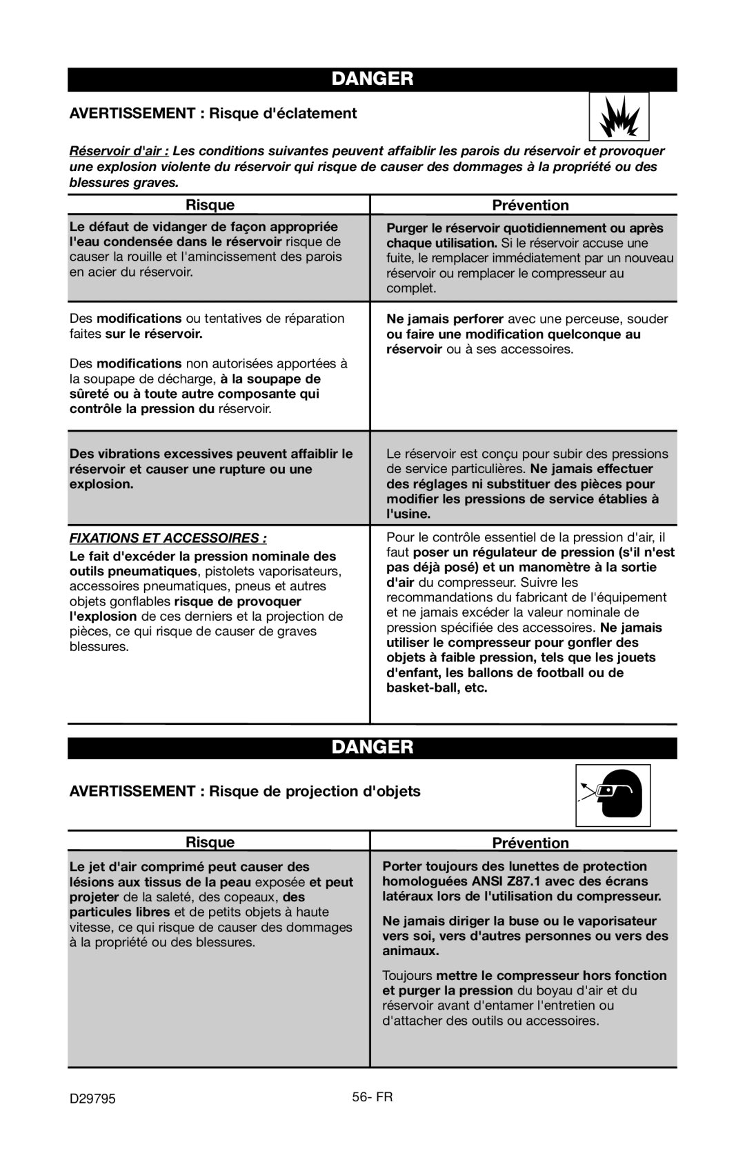 Porter-Cable C2555 Avertissement Risque déclatement, Risque Prévention, Avertissement Risque de projection dobjets 