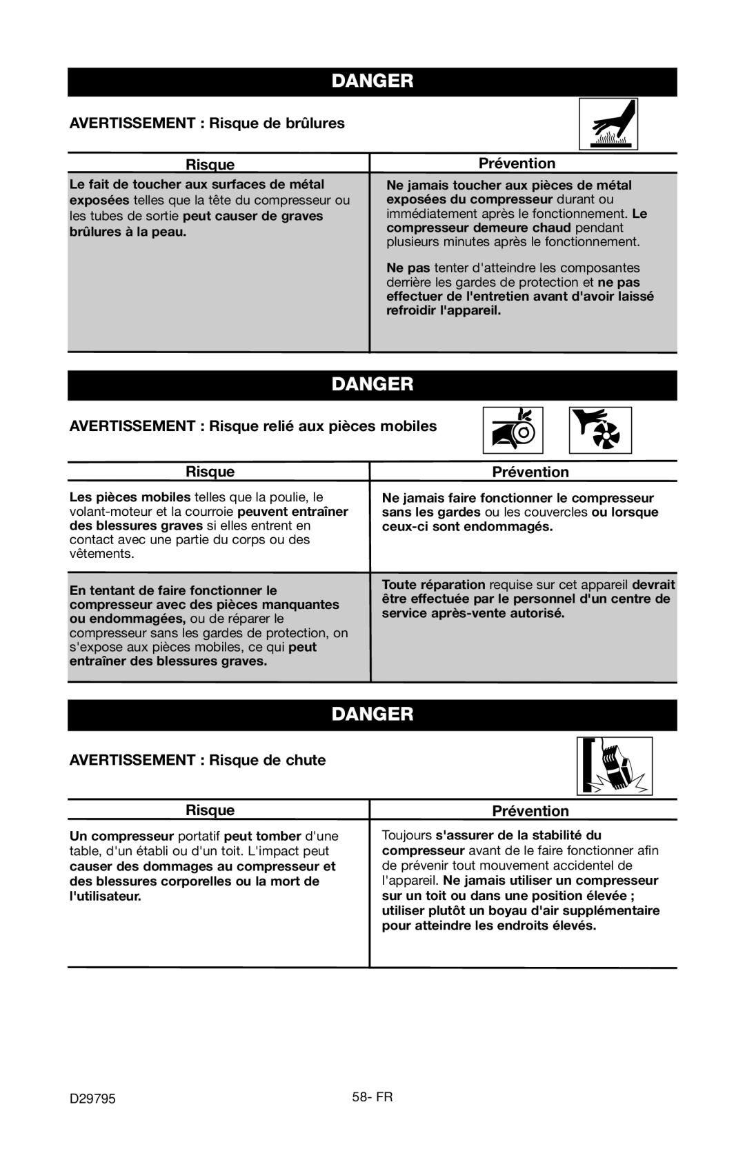 Porter-Cable C2555 instruction manual Avertissement Risque de brûlures, Avertissement Risque relié aux pièces mobiles 