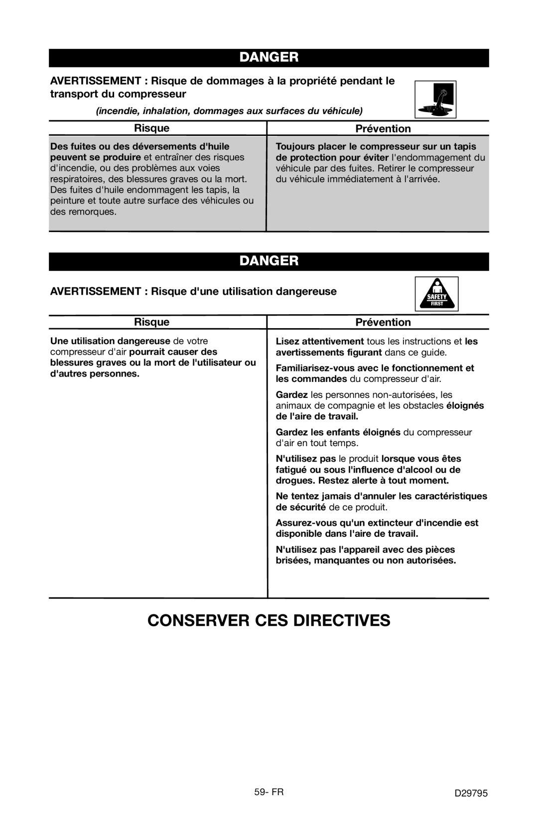 Porter-Cable C2555 instruction manual Avertissement Risque dune utilisation dangereuse 