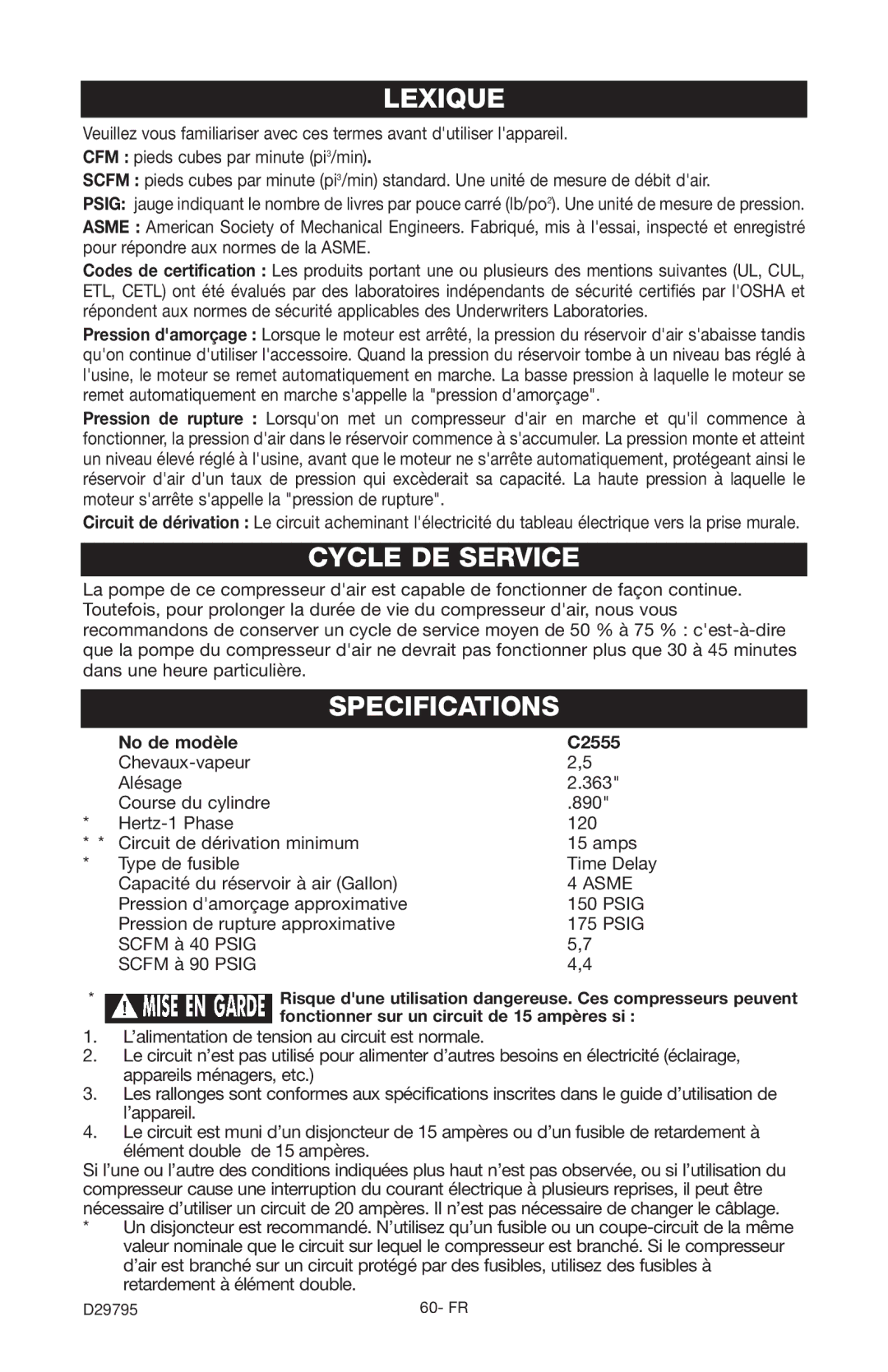 Porter-Cable instruction manual Lexique, Cycle DE Service, No de modèle C2555 