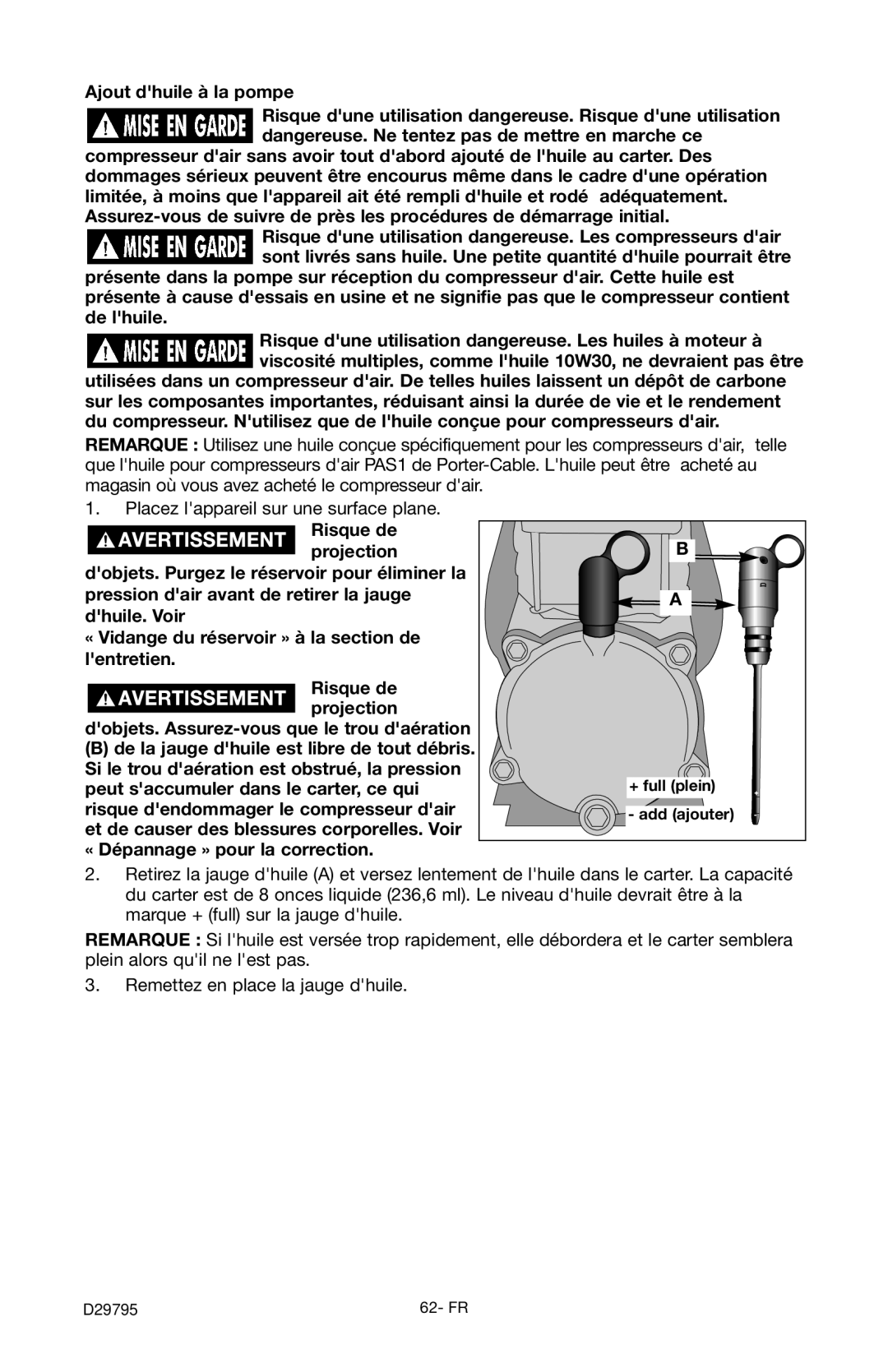 Porter-Cable C2555 instruction manual Ajout dhuile à la pompe 