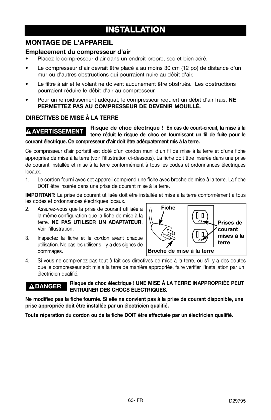 Porter-Cable C2555 instruction manual Montage DE Lappareil, Emplacement du compresseur dair 