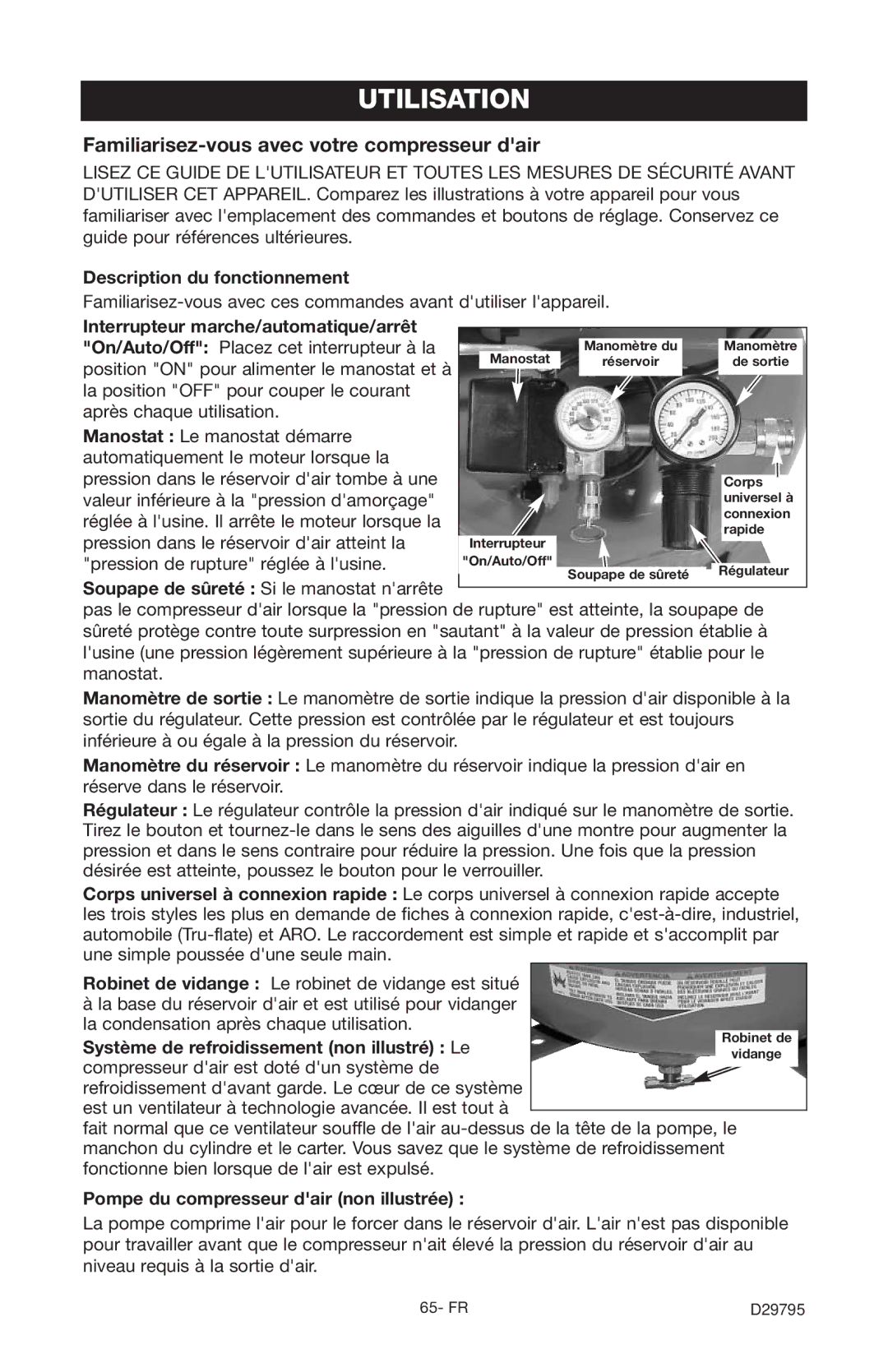 Porter-Cable C2555 instruction manual Utilisation, Familiarisez-vous avec votre compresseur dair 