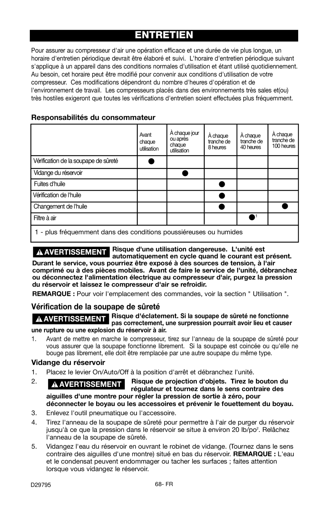 Porter-Cable C2555 Entretien, Vérification de la soupape de sûreté, Responsabilités du consommateur, Vidange du réservoir 