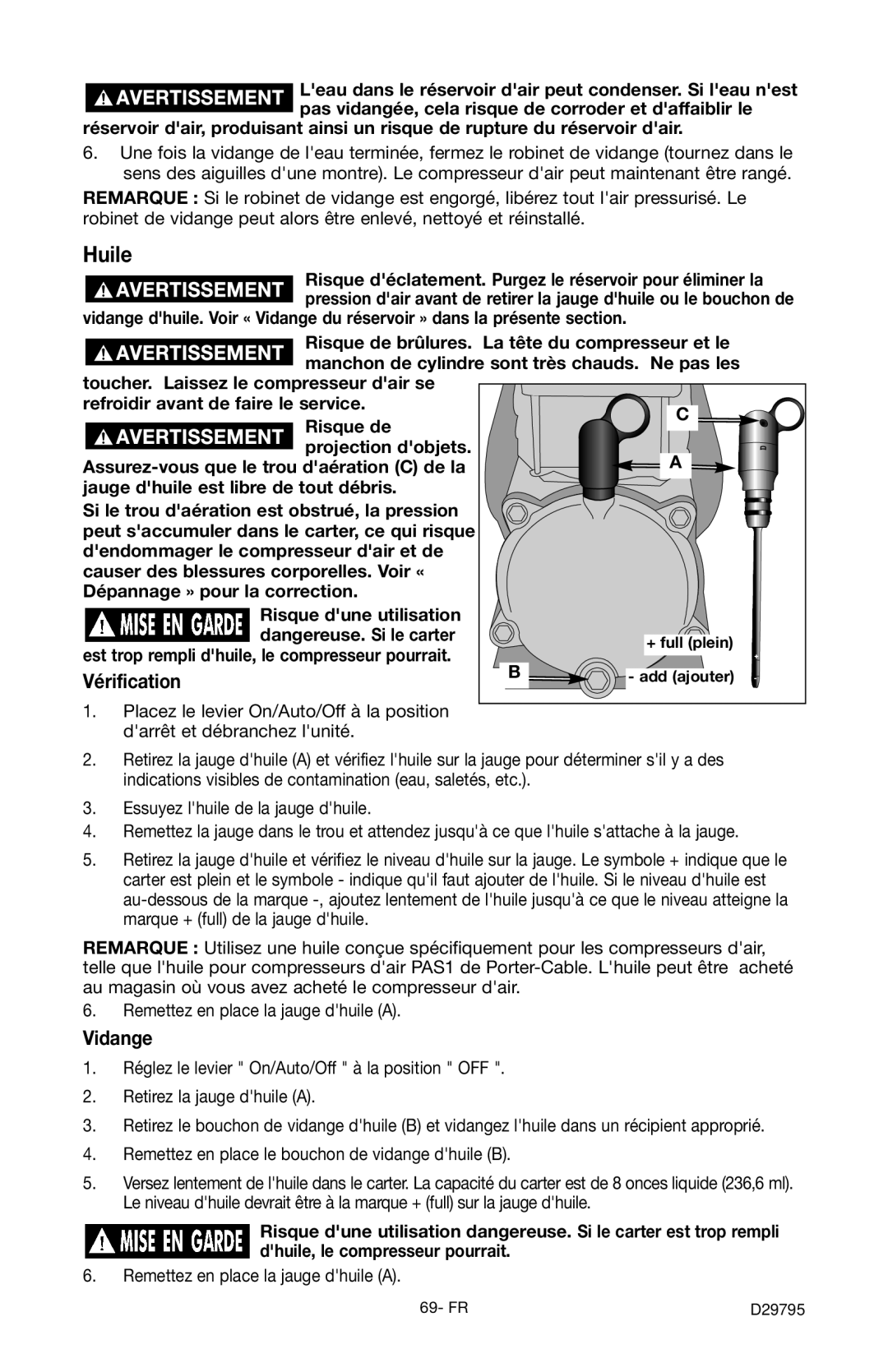 Porter-Cable C2555 instruction manual Huile, Vérification, Vidange 