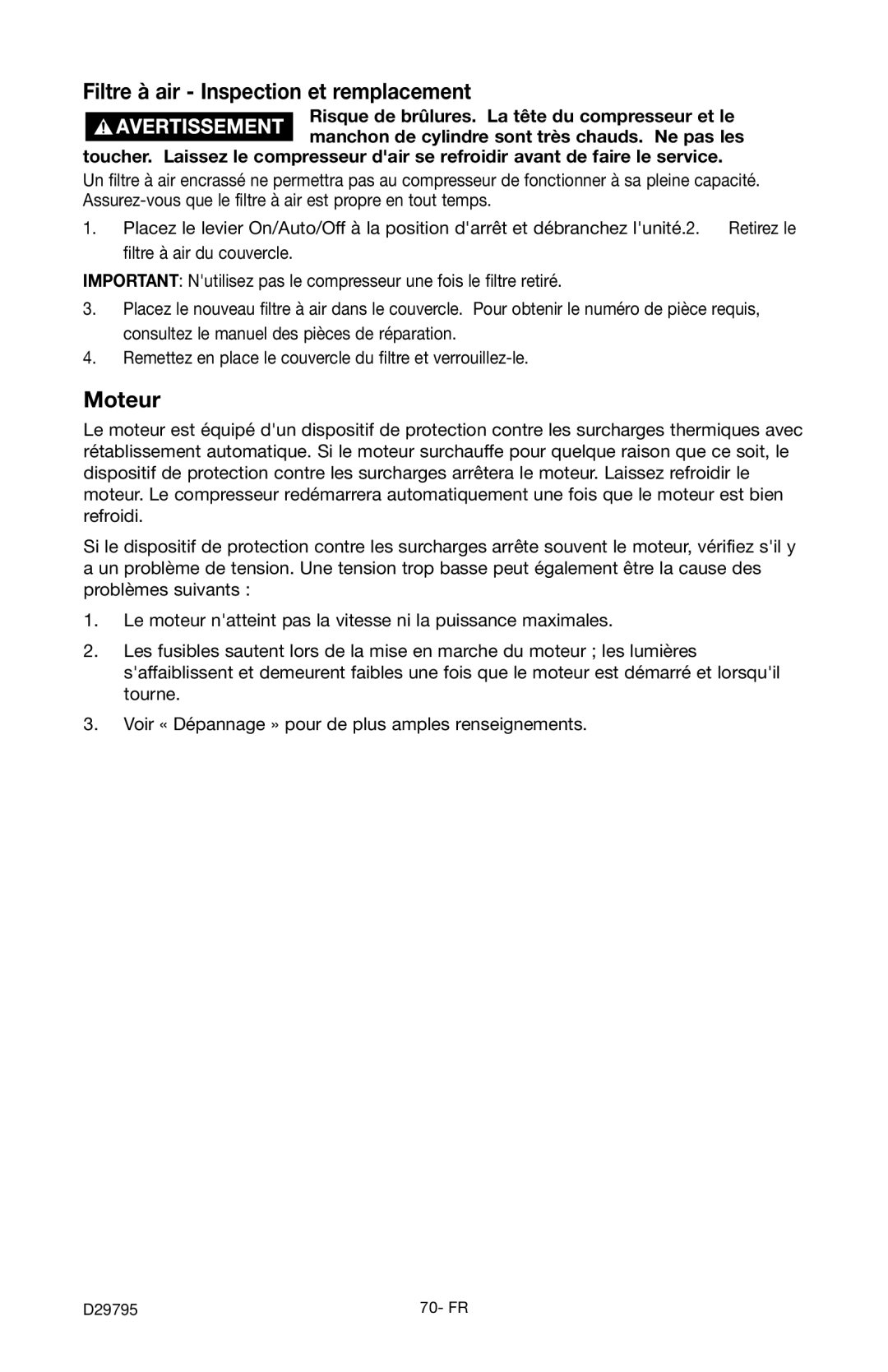 Porter-Cable C2555 instruction manual Filtre à air Inspection et remplacement, Moteur 