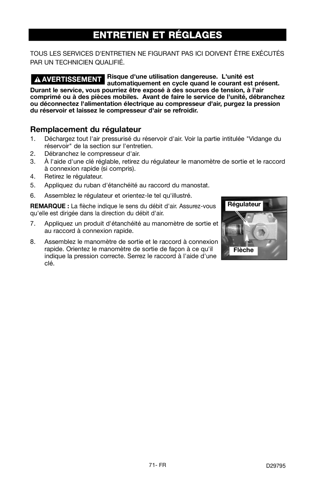 Porter-Cable C2555 instruction manual Entretien ET Réglages, Remplacement du régulateur 