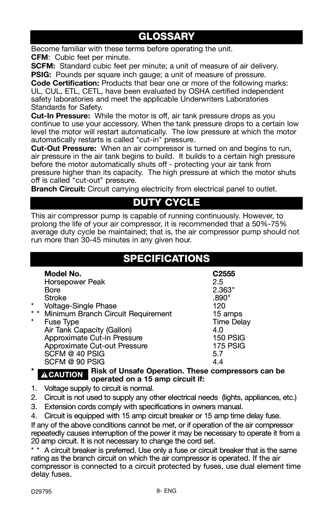 Porter-Cable C2555 instruction manual Glossary, Duty Cycle, Specifications 