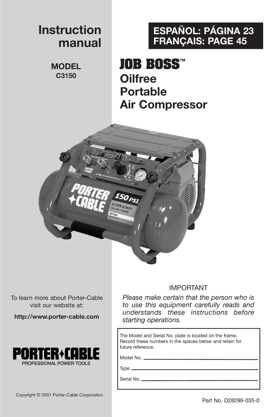 Porter-Cable C3150 instruction manual Model 