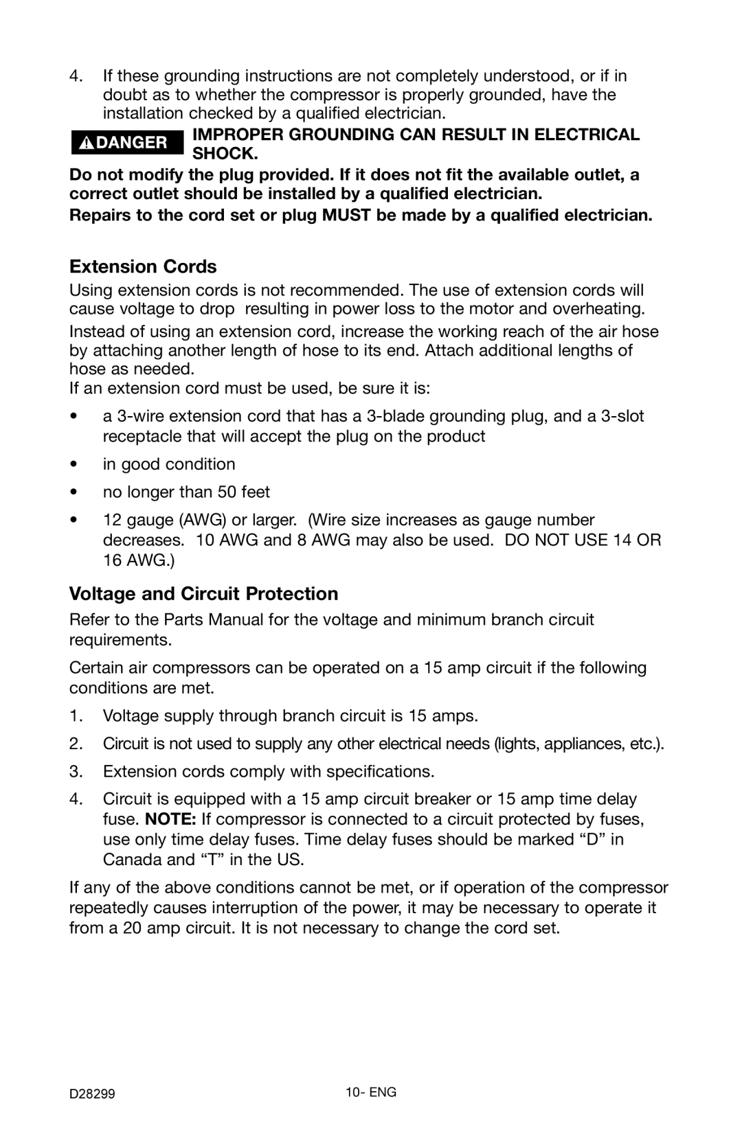 Porter-Cable C3150 instruction manual Extension Cords, Voltage and Circuit Protection 