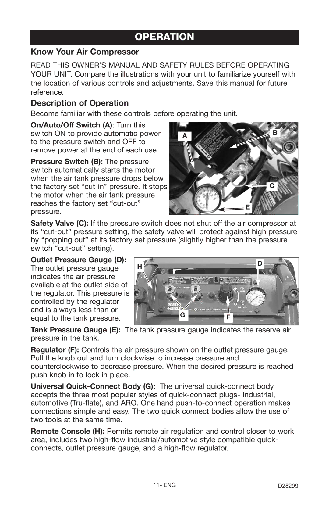 Porter-Cable C3150 instruction manual Know Your Air Compressor Description of Operation 