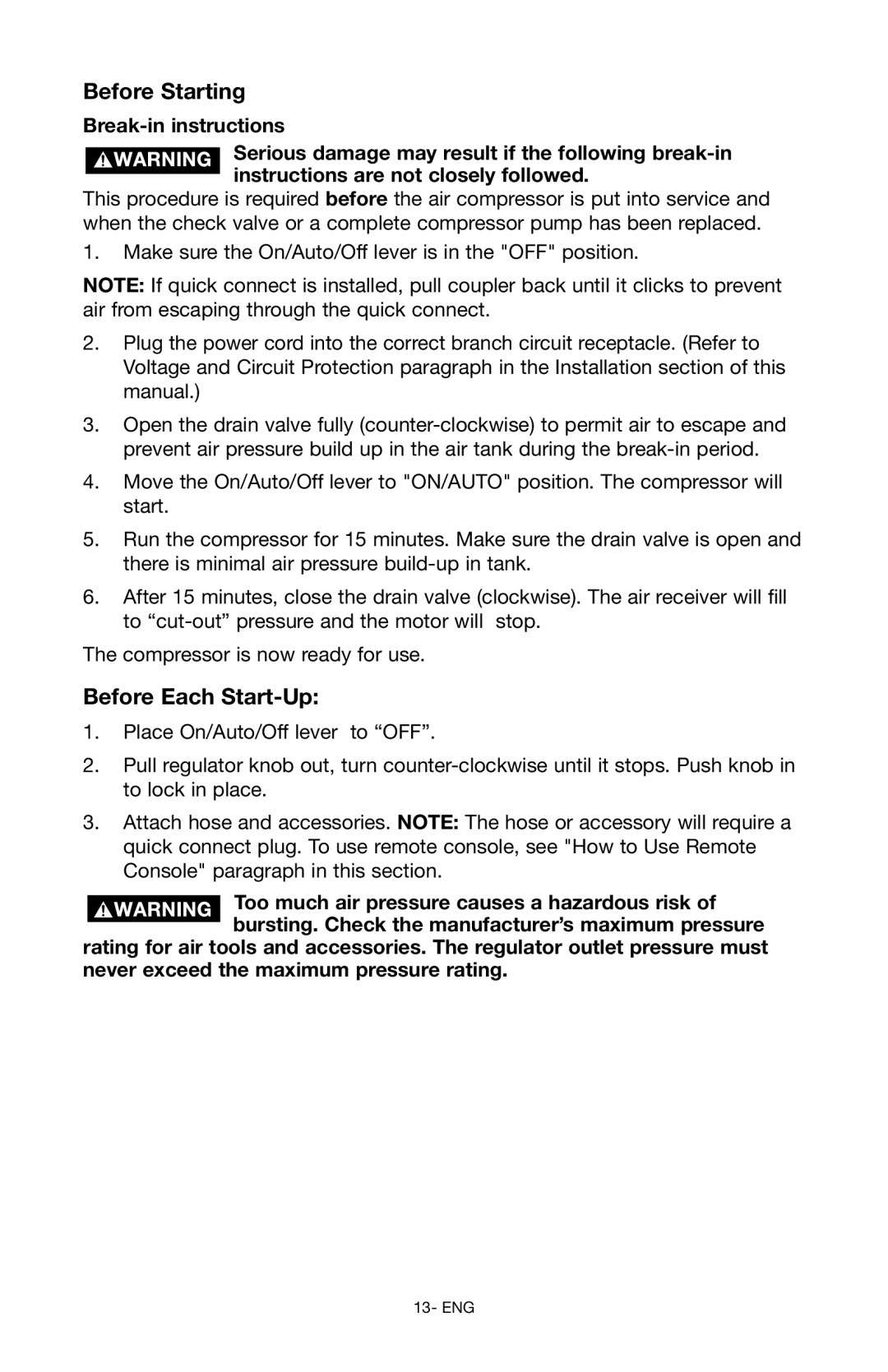 Porter-Cable C3150 instruction manual Before Each Start-Up 