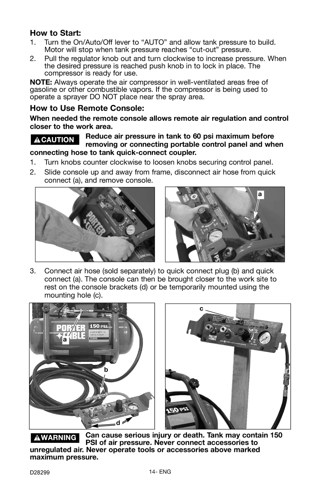 Porter-Cable C3150 instruction manual How to Start, How to Use Remote Console 