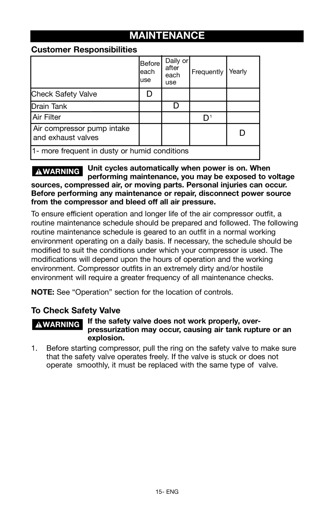 Porter-Cable C3150 instruction manual Maintenance, Customer Responsibilities, To Check Safety Valve 