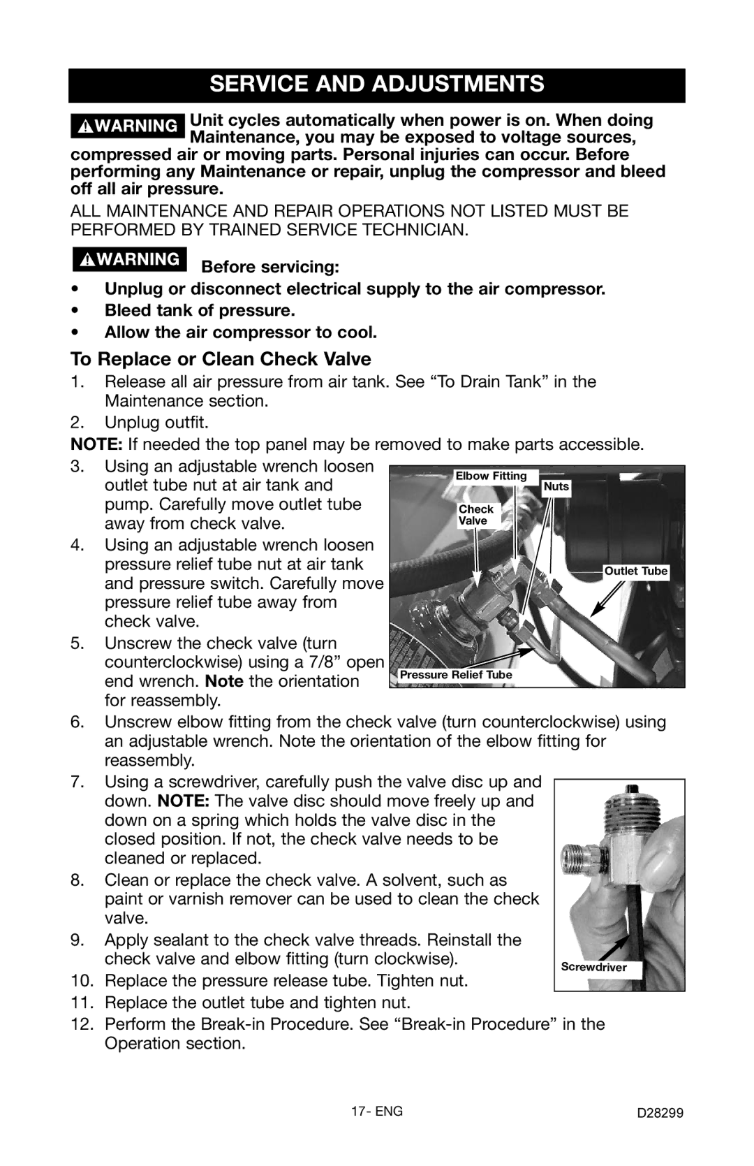 Porter-Cable C3150 instruction manual Service and Adjustments, To Replace or Clean Check Valve 