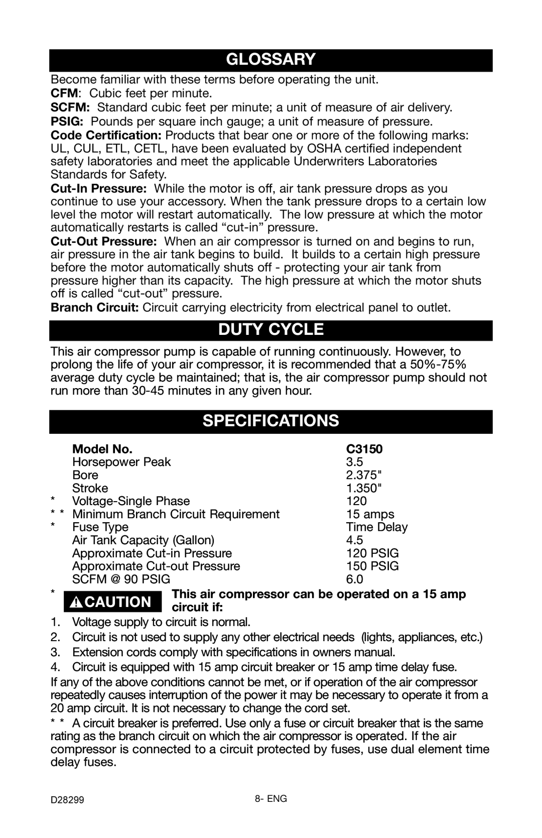 Porter-Cable C3150 instruction manual Glossary, Duty Cycle, Specifications 