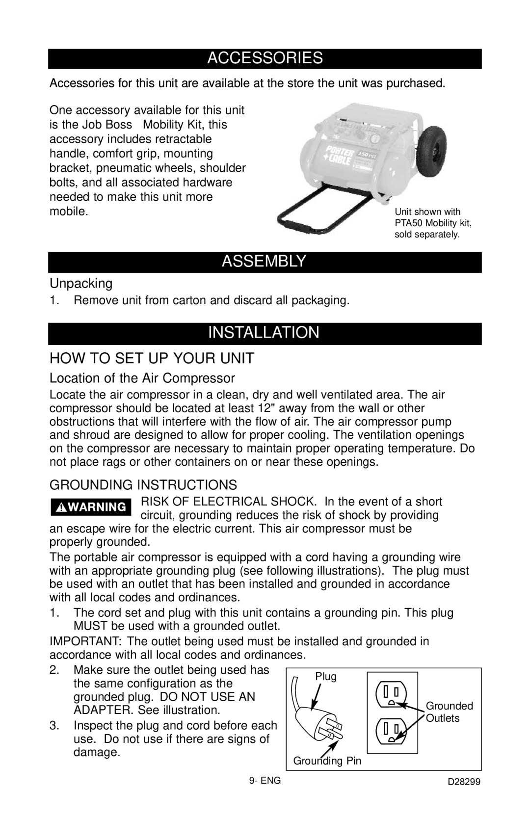 Porter-Cable C3150 instruction manual Accessories, Assembly, Installation, Unpacking, Location of the Air Compressor 