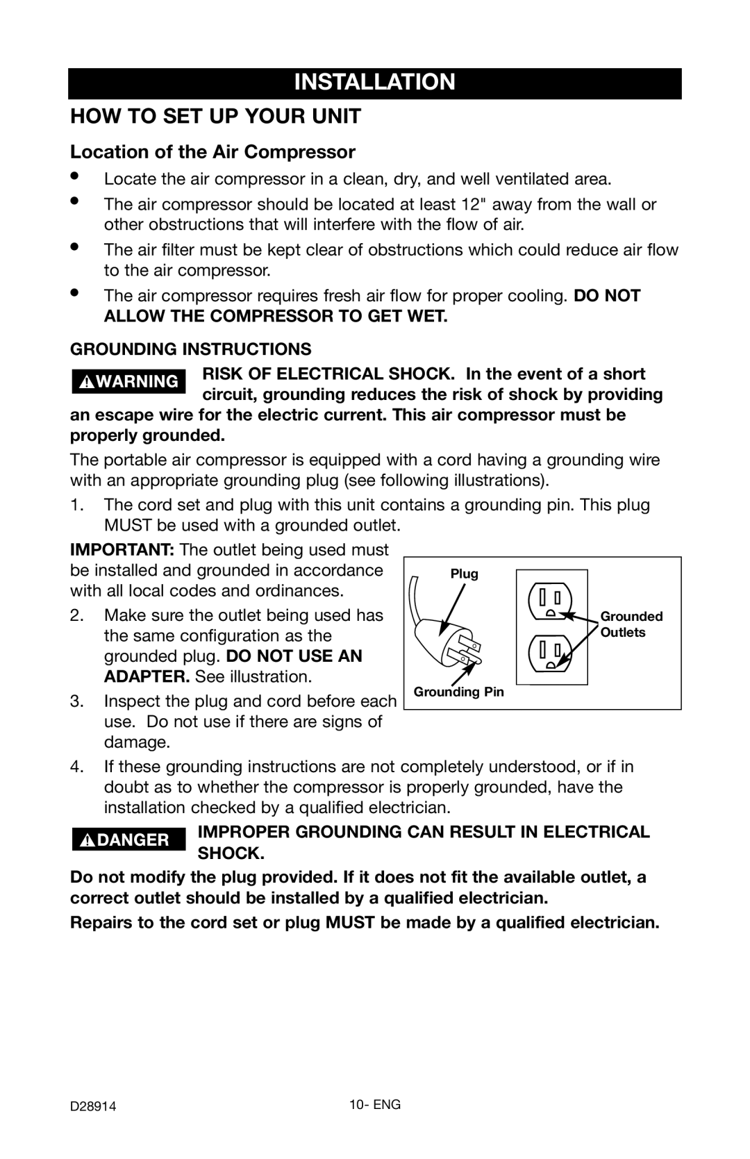 Porter-Cable C3550 instruction manual Installation, Location of the Air Compressor 