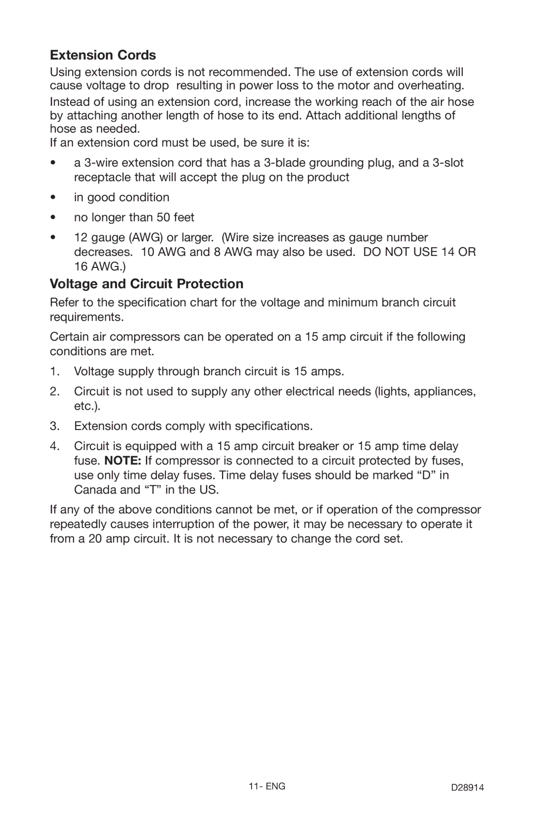 Porter-Cable C3550 instruction manual Extension Cords, Voltage and Circuit Protection 