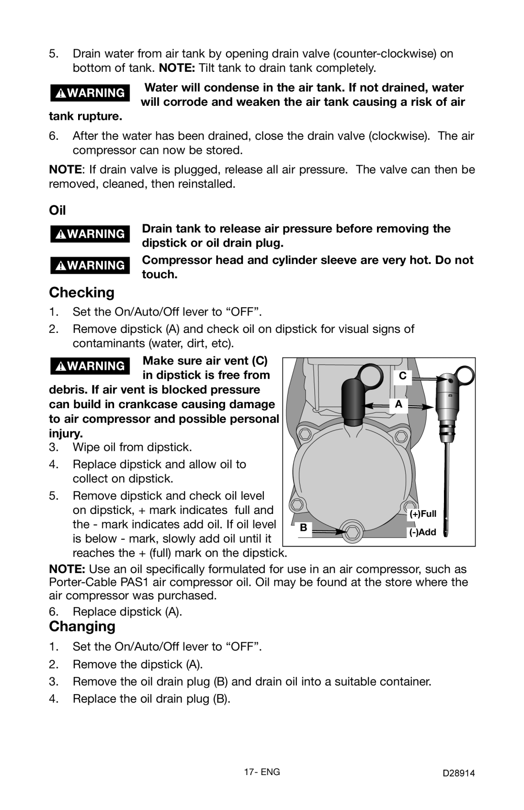 Porter-Cable C3550 instruction manual Checking, Oil 