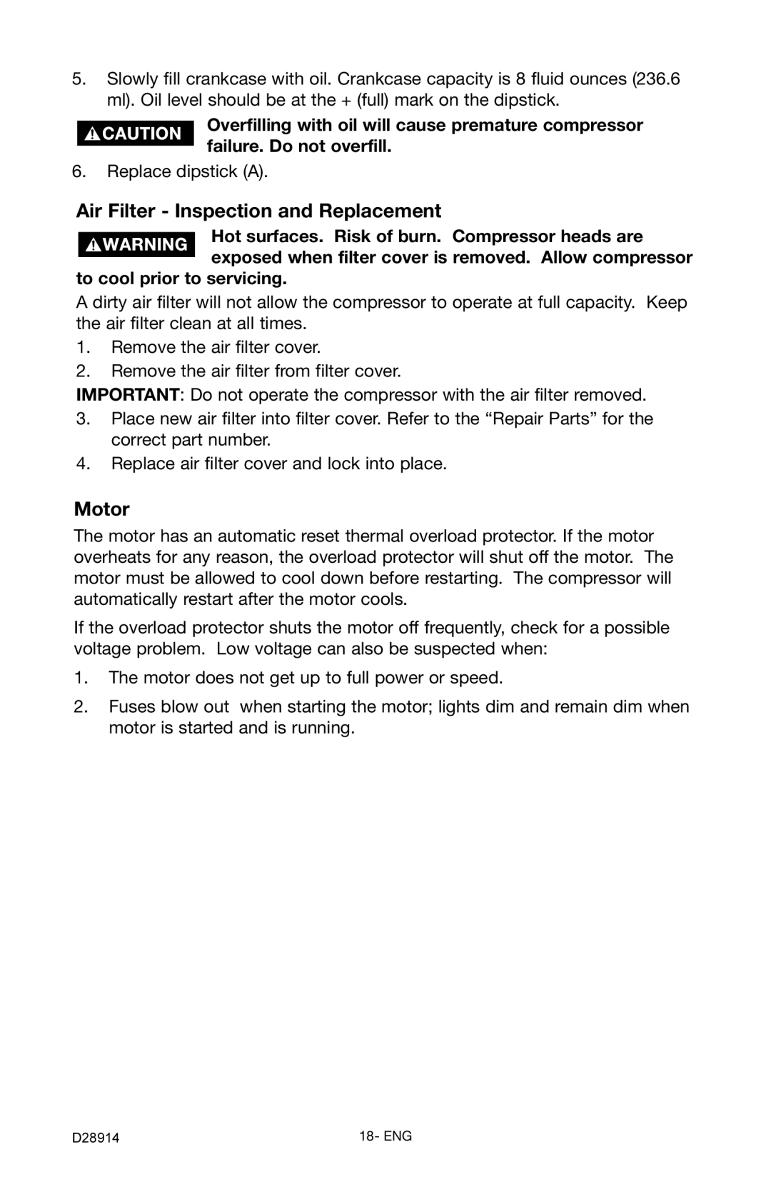 Porter-Cable C3550 instruction manual Air Filter Inspection and Replacement, Motor 