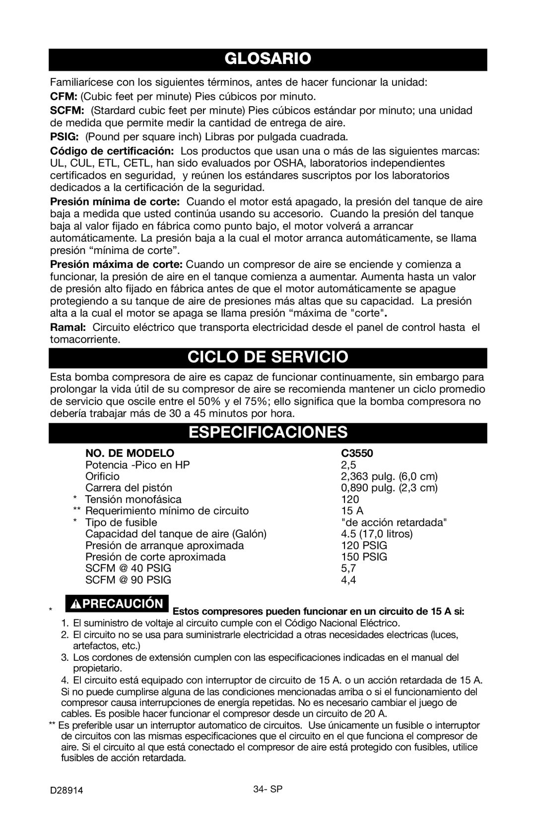 Porter-Cable C3550 instruction manual Glosario, Ciclo DE Servicio, Especificaciones 