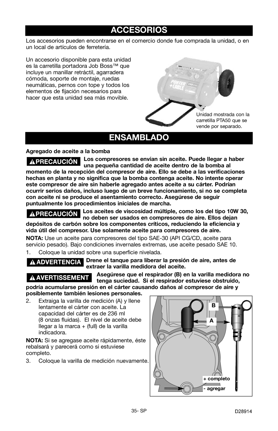 Porter-Cable C3550 instruction manual Accesorios, Ensamblado, Agregado de aceite a la bomba 