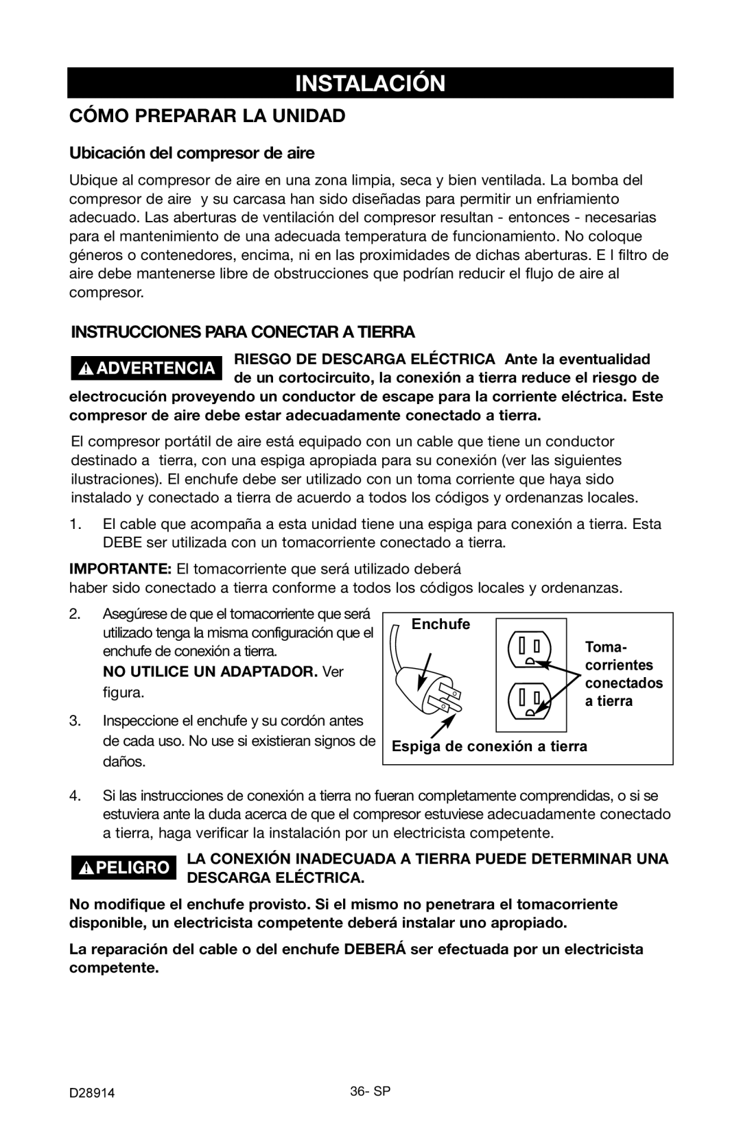 Porter-Cable C3550 Instalación, Ubicación del compresor de aire, No Utilice UN ADAPTADOR. Ver figura, Enchufe 