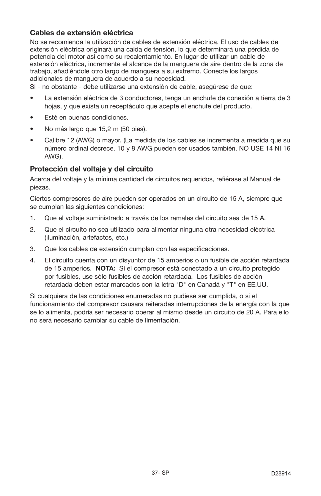 Porter-Cable C3550 instruction manual Cables de extensión eléctrica, Protección del voltaje y del circuito 