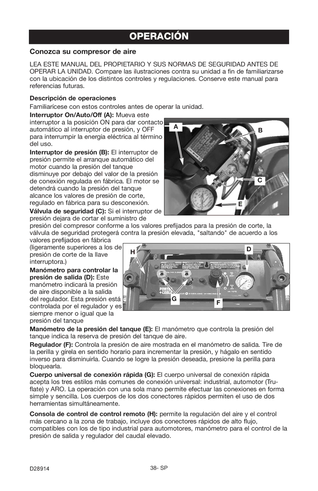 Porter-Cable C3550 instruction manual Operación, Conozca su compresor de aire, Descripción de operaciones 