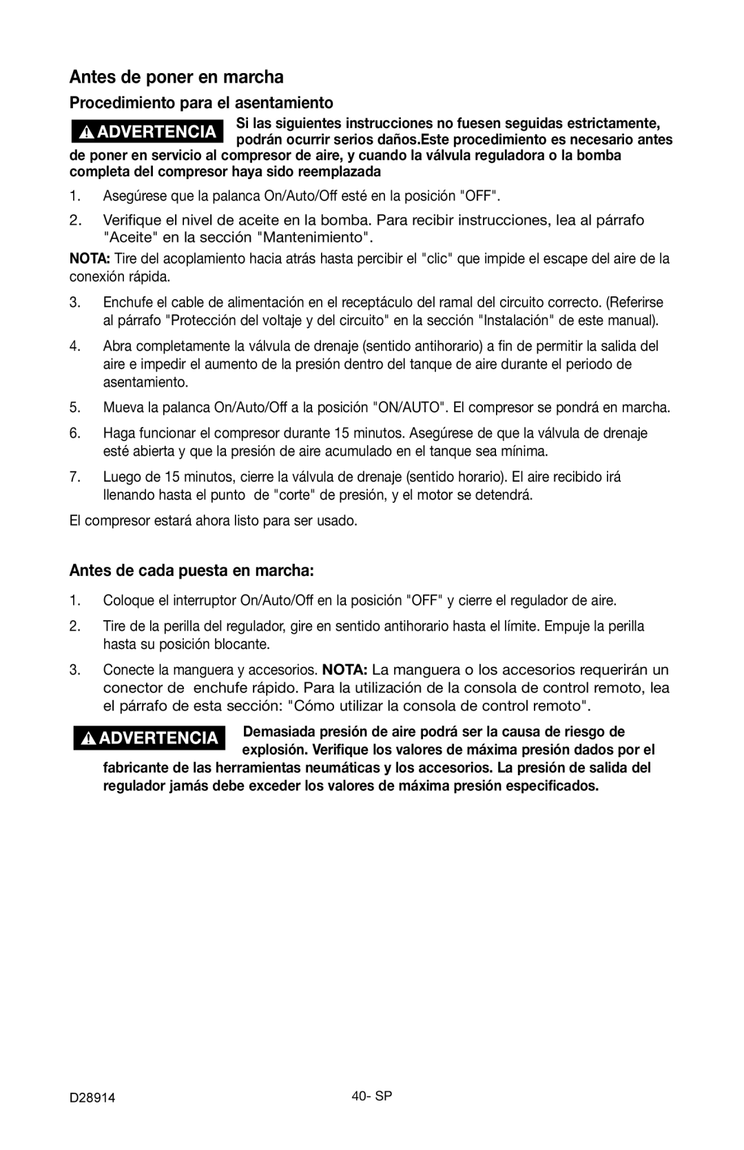 Porter-Cable C3550 Antes de poner en marcha, Procedimiento para el asentamiento, Antes de cada puesta en marcha 