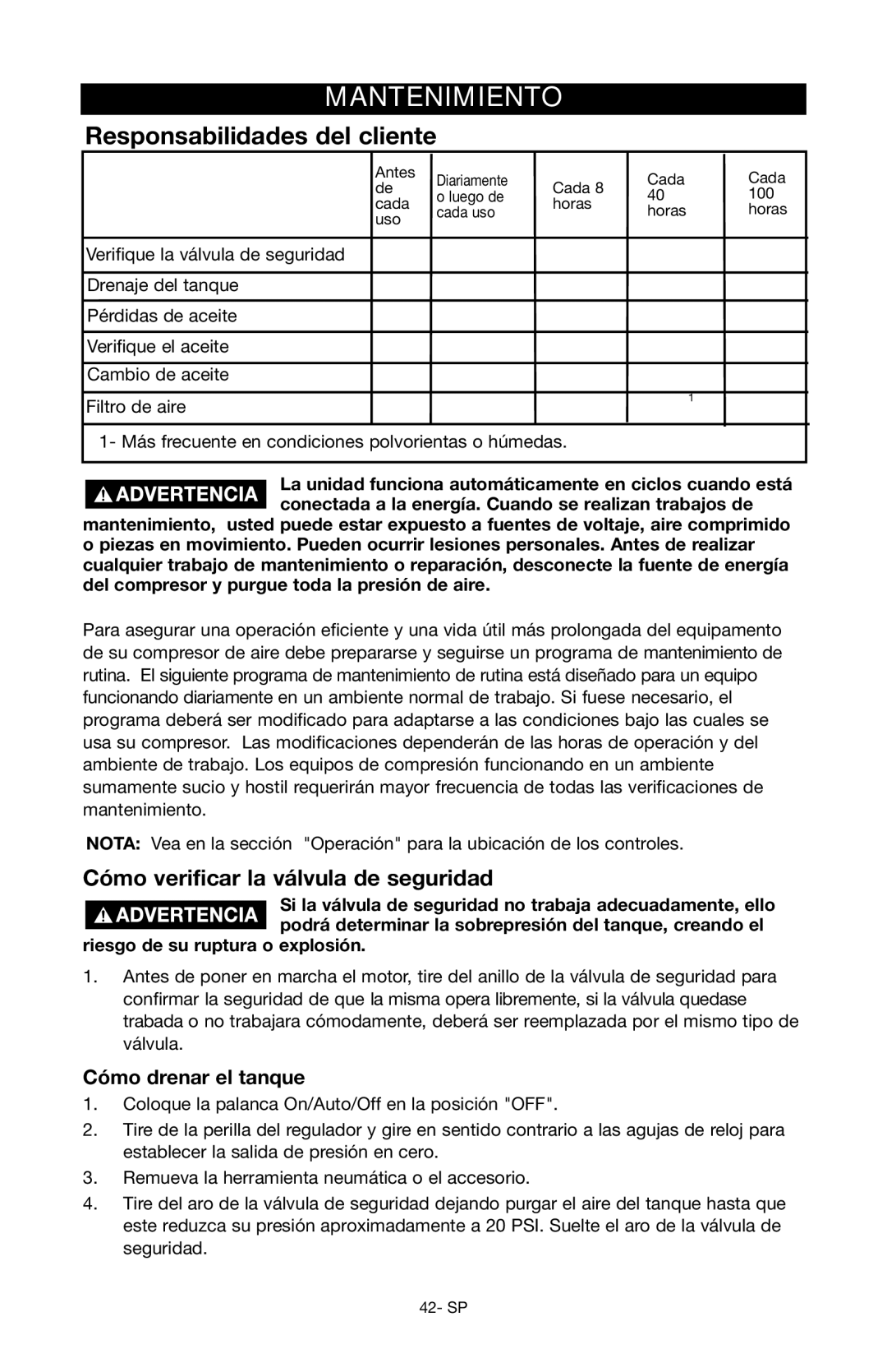 Porter-Cable C3550 instruction manual Mantenimiento, Cómo verificar la válvula de seguridad, Cómo drenar el tanque 