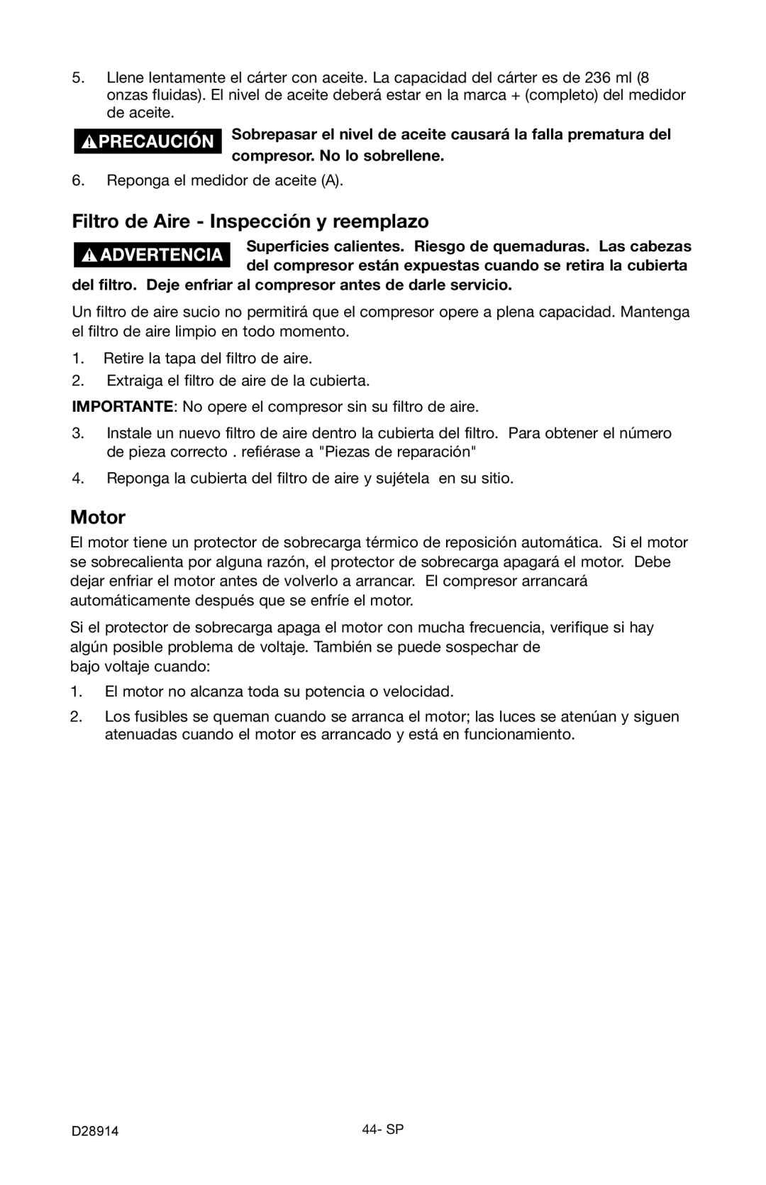 Porter-Cable C3550 instruction manual Filtro de Aire Inspección y reemplazo, Motor 