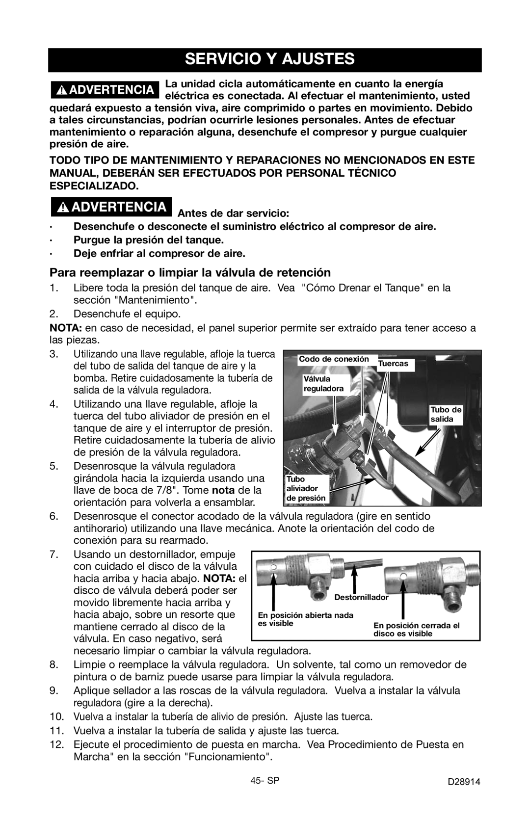 Porter-Cable C3550 instruction manual Servicio Y Ajustes, Para reemplazar o limpiar la válvula de retención 