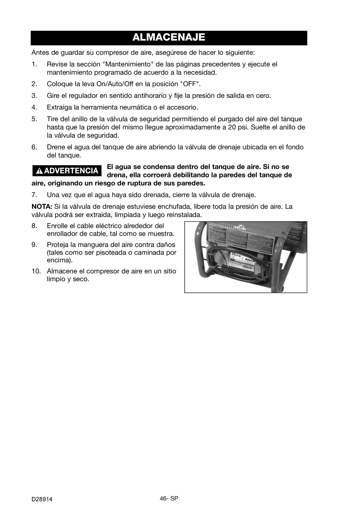 Porter-Cable C3550 instruction manual Almacenaje, Aire, originando un riesgo de ruptura de sus paredes 