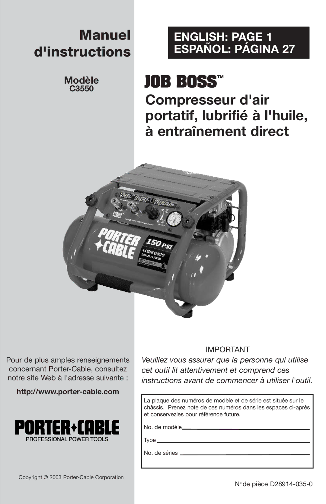 Porter-Cable C3550 instruction manual Manuel dinstructions 