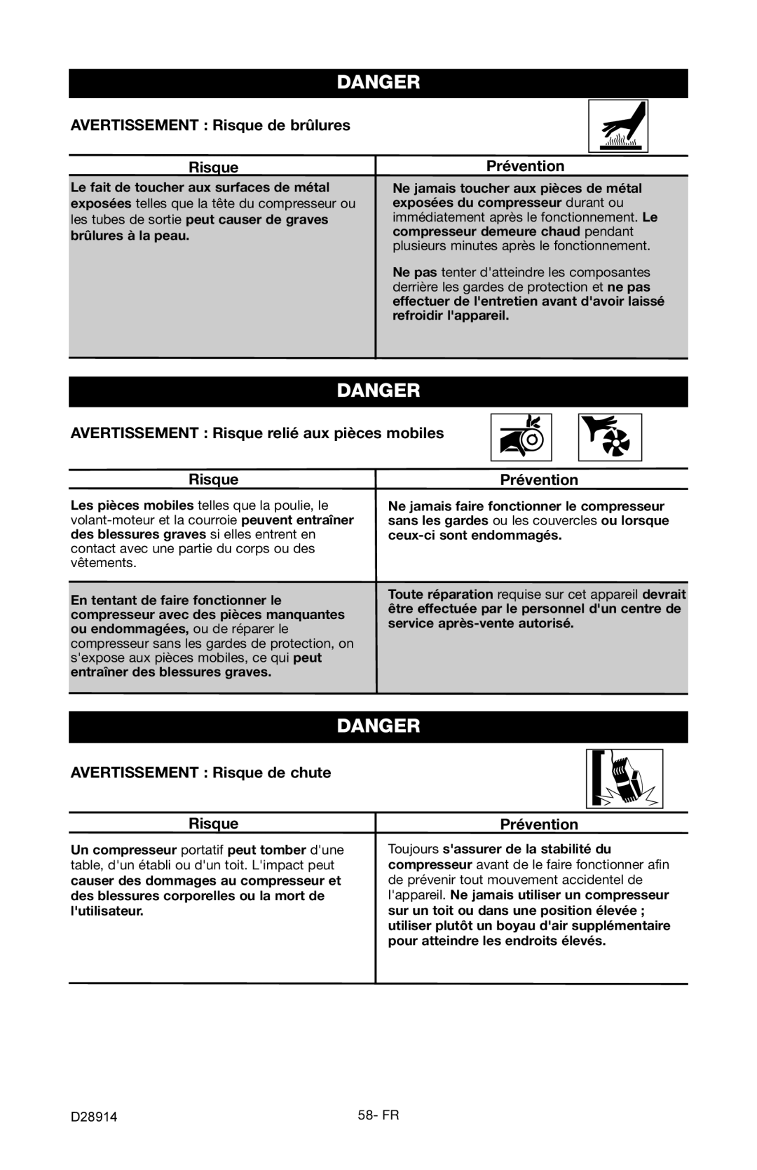 Porter-Cable C3550 instruction manual Avertissement Risque de brûlures, Avertissement Risque relié aux pièces mobiles 